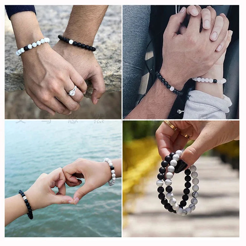 2Pcs/set Couple Distance Beaded Bracelet Natural Stone Strand Bracelets Homme Charm Yoga Jewelry Gifts for Women Men Best Friend