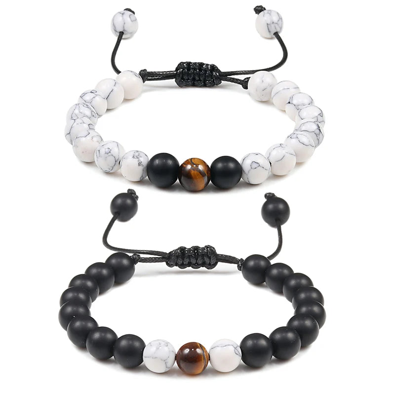 Adjustable Couples Distance Beaded Bracelets Natural Stone Lava Matte White Black Braided Bracelet for Men Women Gifts Pulseiras