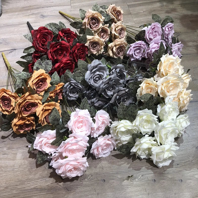 9 Heads/1 Bunch Diamond Rose Artificial Floral Bride Bouquet diy Wedding Flower Wall Accessories Party Gift Home Decor Props