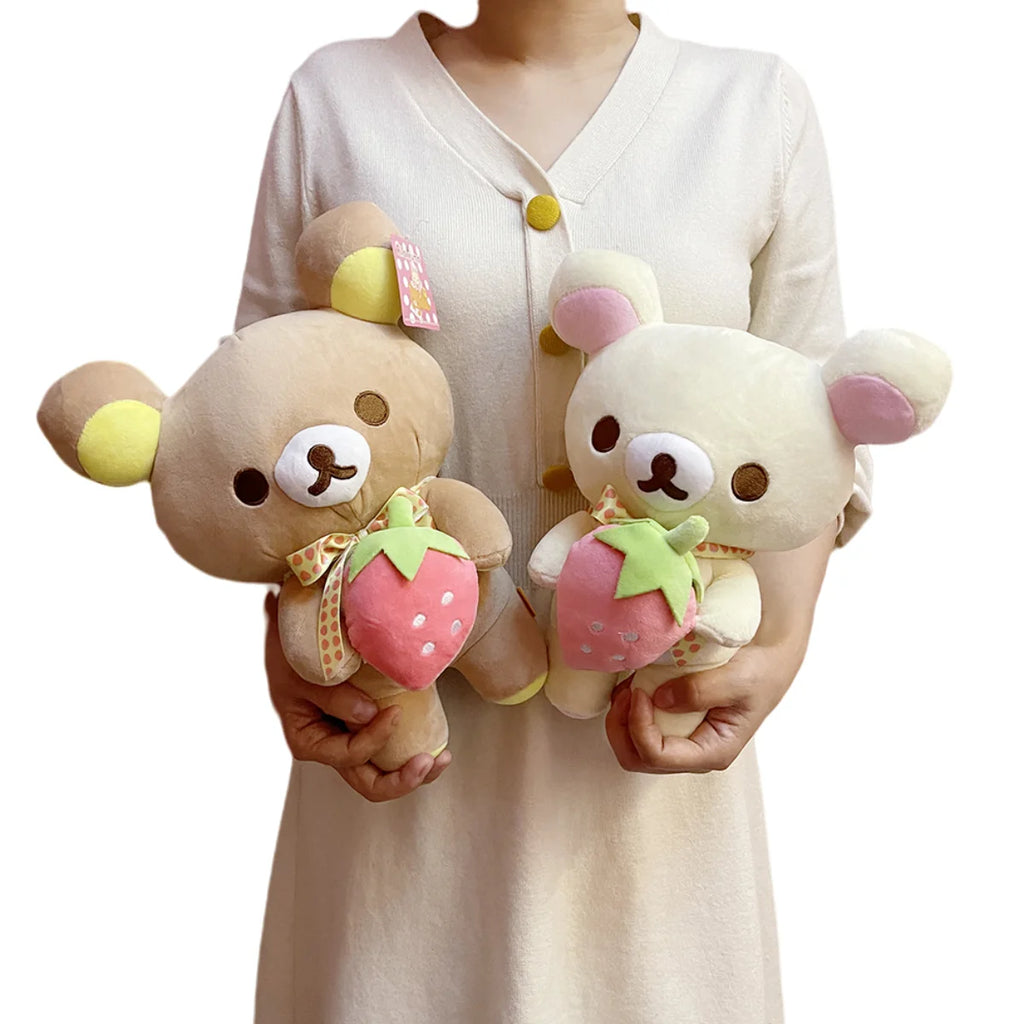New Strawberry Rilakkuma Plush Toy Cute Soft Teddy Bear Stuffed Doll Cartoon White Brown Couple Friends Birthday Gift for Kids