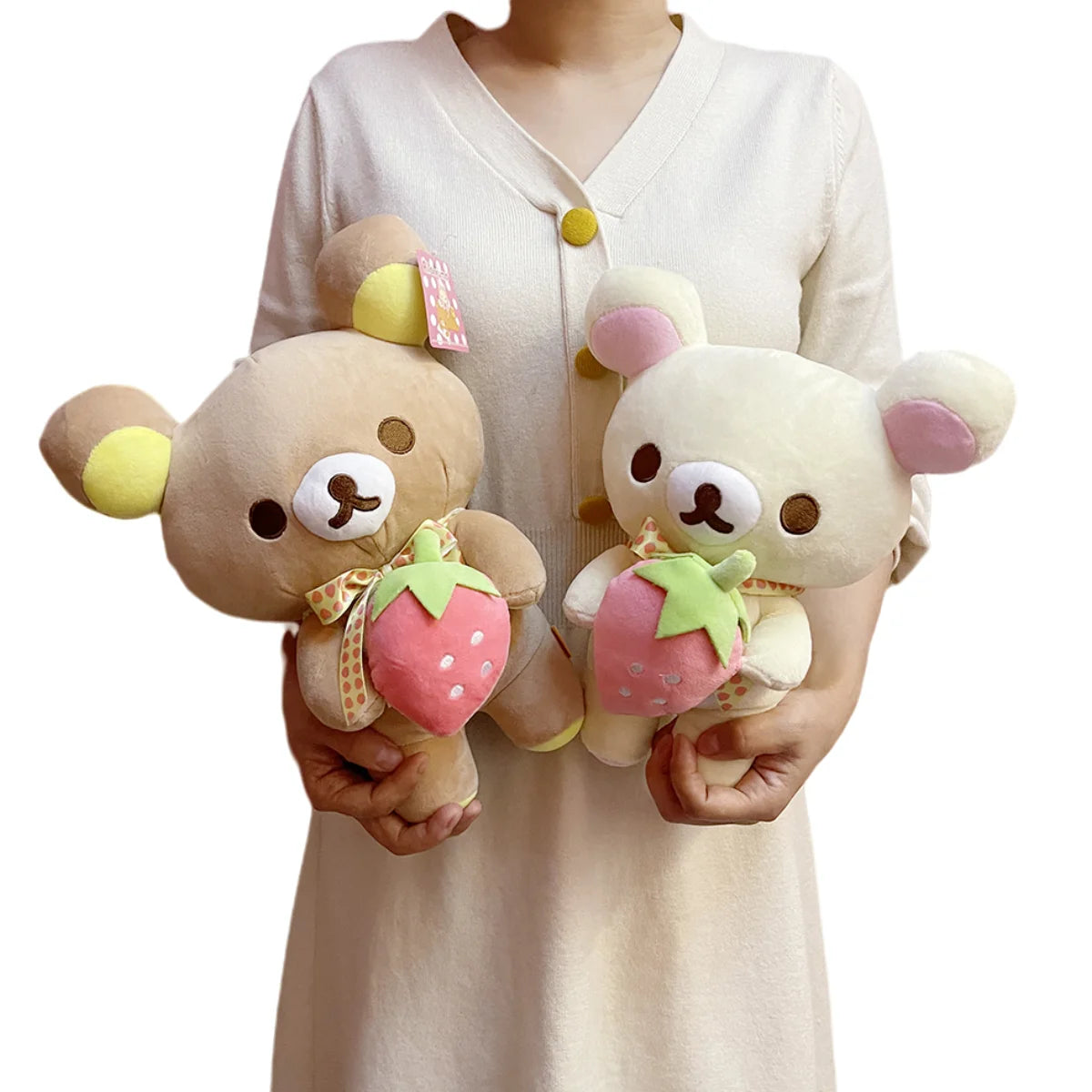 New Strawberry Rilakkuma Plush Toy Cute Soft Teddy Bear Stuffed Doll Cartoon White Brown Couple Friends Birthday Gift for Kids