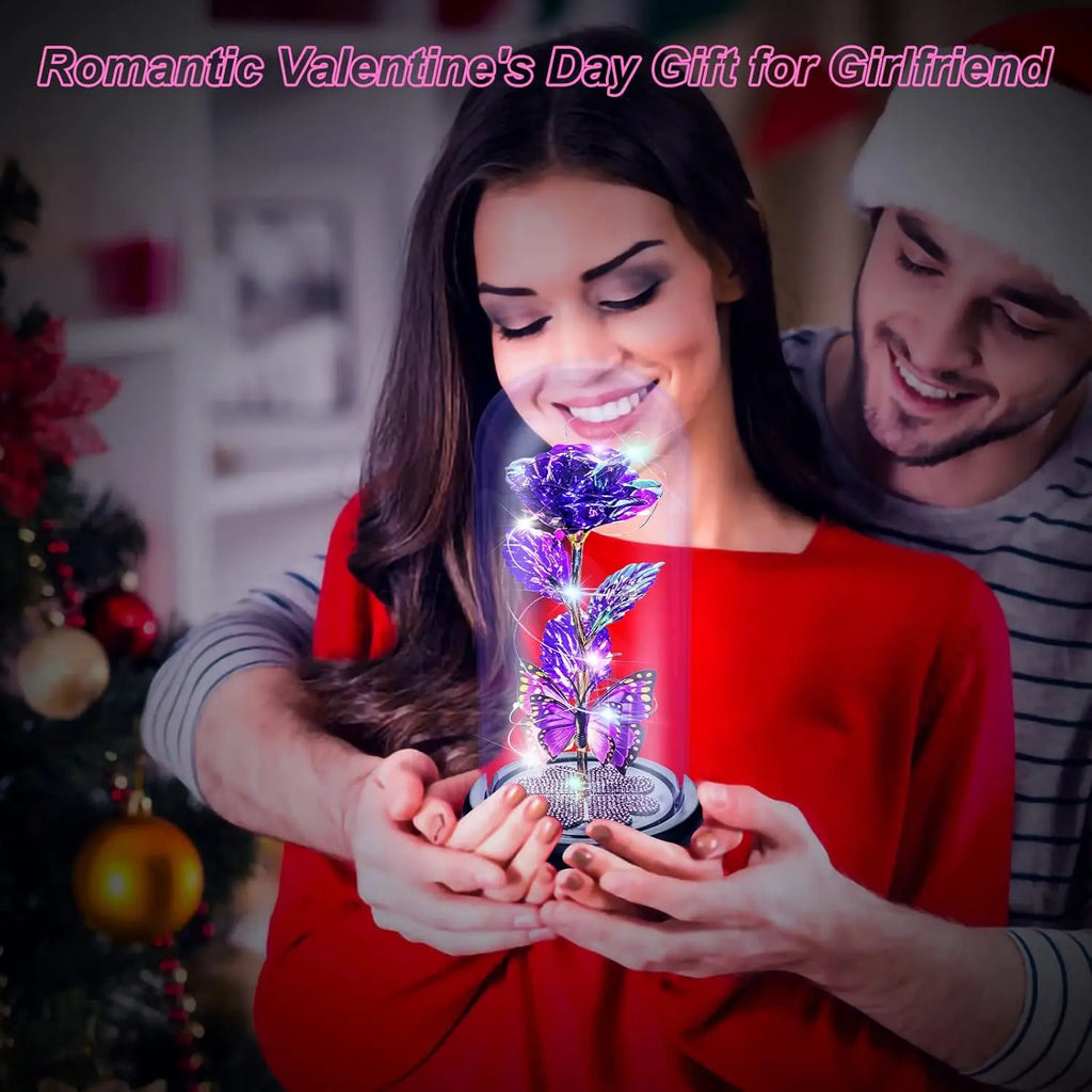 Mothers Day Rose Gifts for Mom, Galaxy Glass Rose Forever Eternal Crystal Flower Light Up Rose in Glass Dome with Butterfly Moth