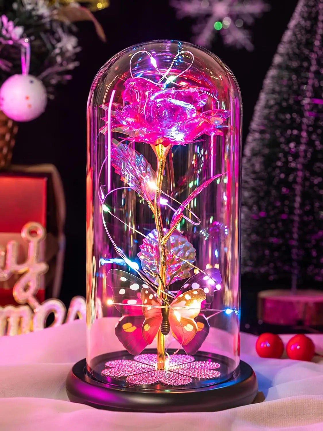 Mothers Day Rose Gifts for Mom, Galaxy Glass Rose Forever Eternal Crystal Flower Light Up Rose in Glass Dome with Butterfly Moth