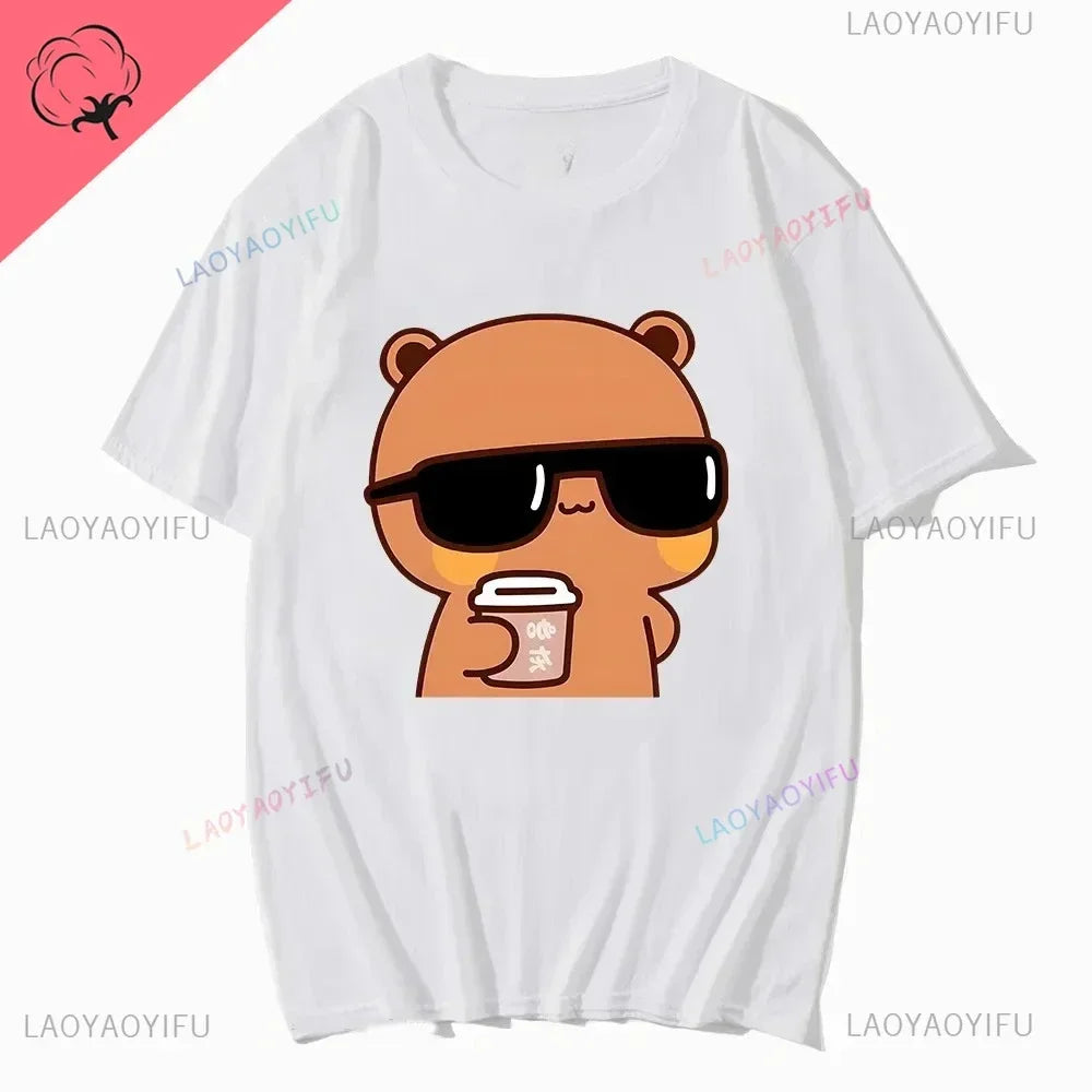 Couple Tee Bubu Is Watching Movies and Milk Tea with Dudu T-shirt Cartoon Cute Graphic Tees for Ladies Kawaii Cotton Unisex Tops