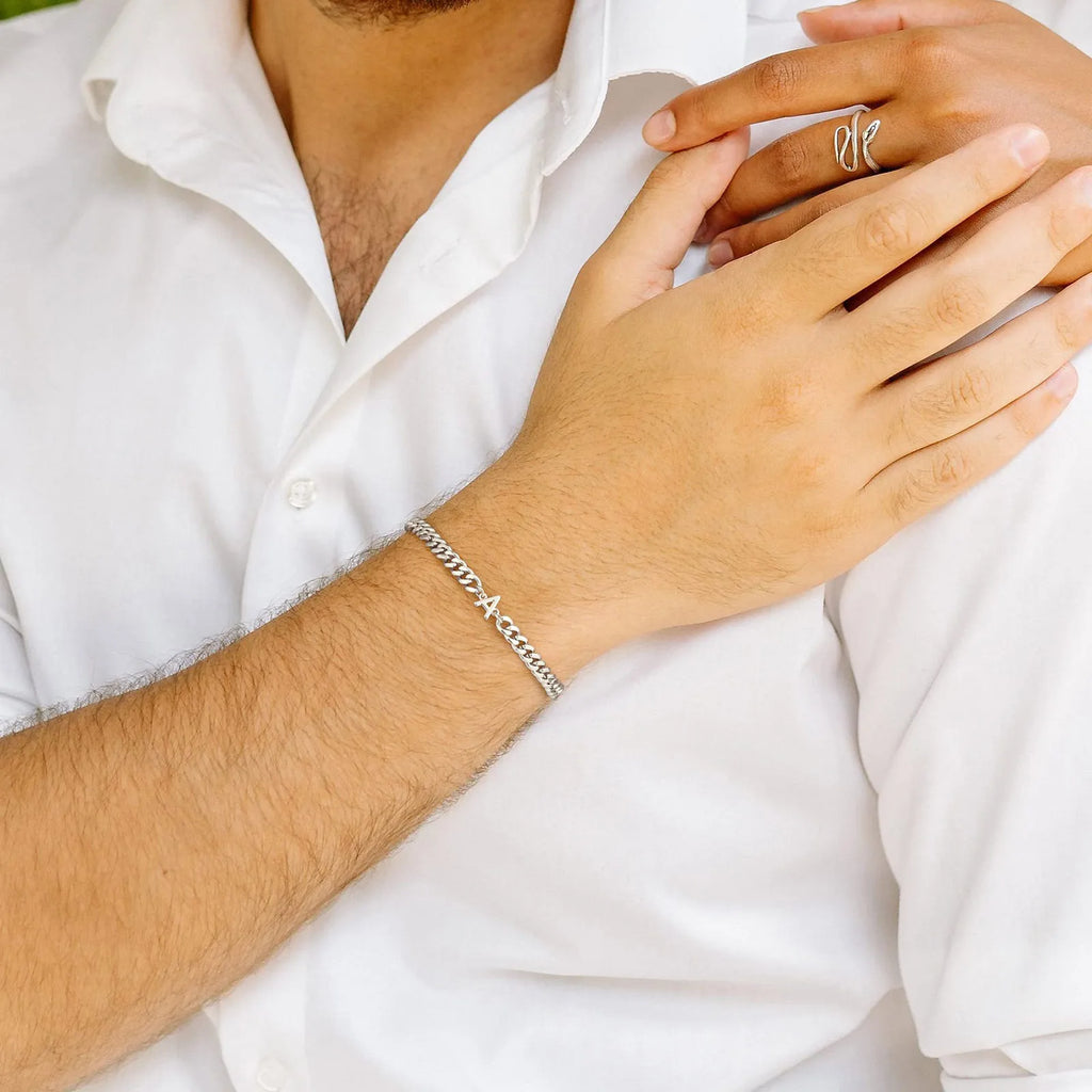 Vnox A-Z Initial Cuban Chain Bracelets for Men Women, Silver Color Stainless Steel Curb Links, Letters Name Charm Bracelet Gift