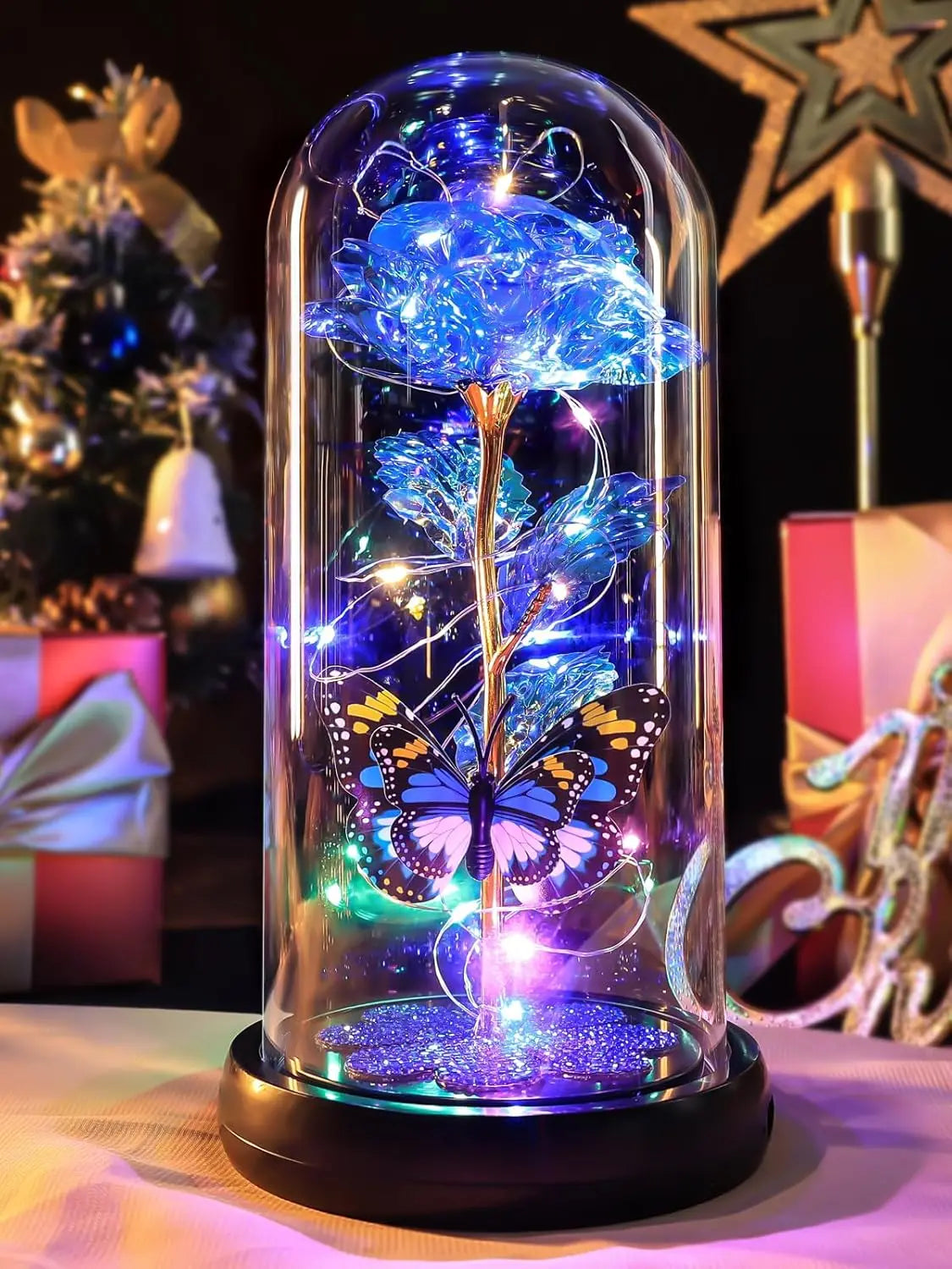 Mothers Day Rose Gifts for Mom, Galaxy Glass Rose Forever Eternal Crystal Flower Light Up Rose in Glass Dome with Butterfly Moth