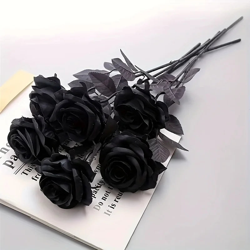 Artificial Black Roses Fake Flowers, Long Stem, with No Container, for Halloween, Home Decor, Wedding Party, Tabletop