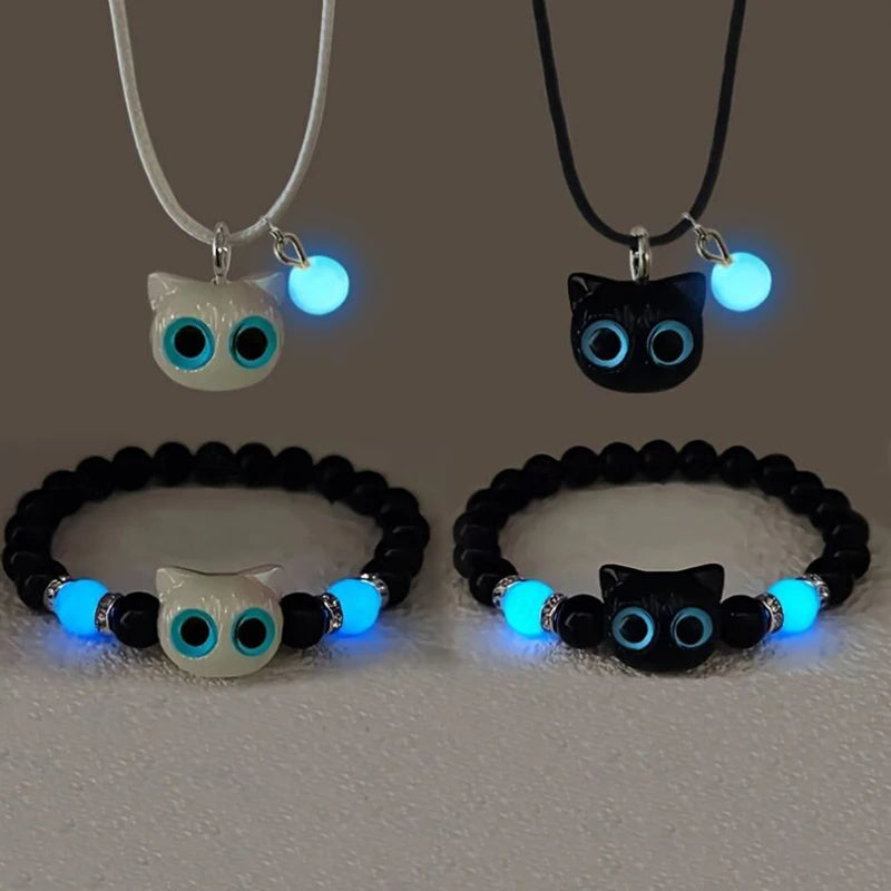 Cute Acrylic Black White Cat Couple Bracelet Necklace Glow In The Dark Bead Bracelets For Women Men Girls Boys
