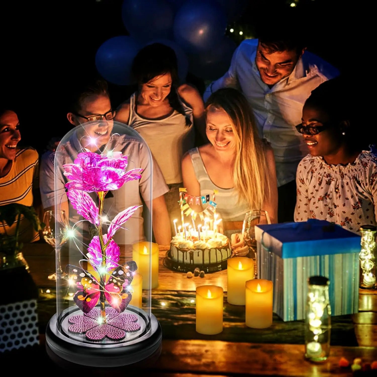 Mothers Day Rose Gifts for Mom, Galaxy Glass Rose Forever Eternal Crystal Flower Light Up Rose in Glass Dome with Butterfly Moth