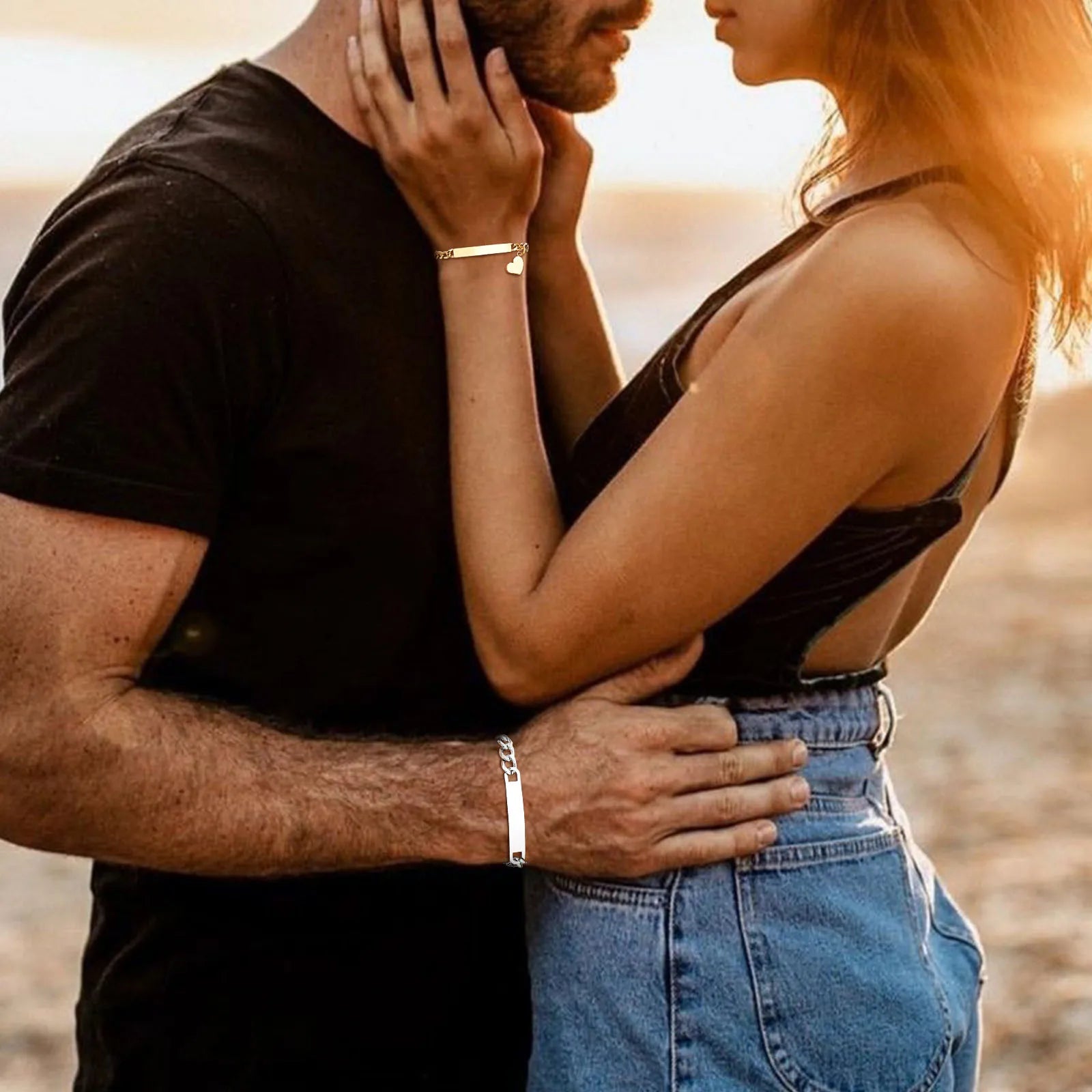 Vnox Custom Valentines Day Gift Jewelry for Couples, Love Promise Bracelets for Women Men, Heart Charm Figaro Chain Bracelets