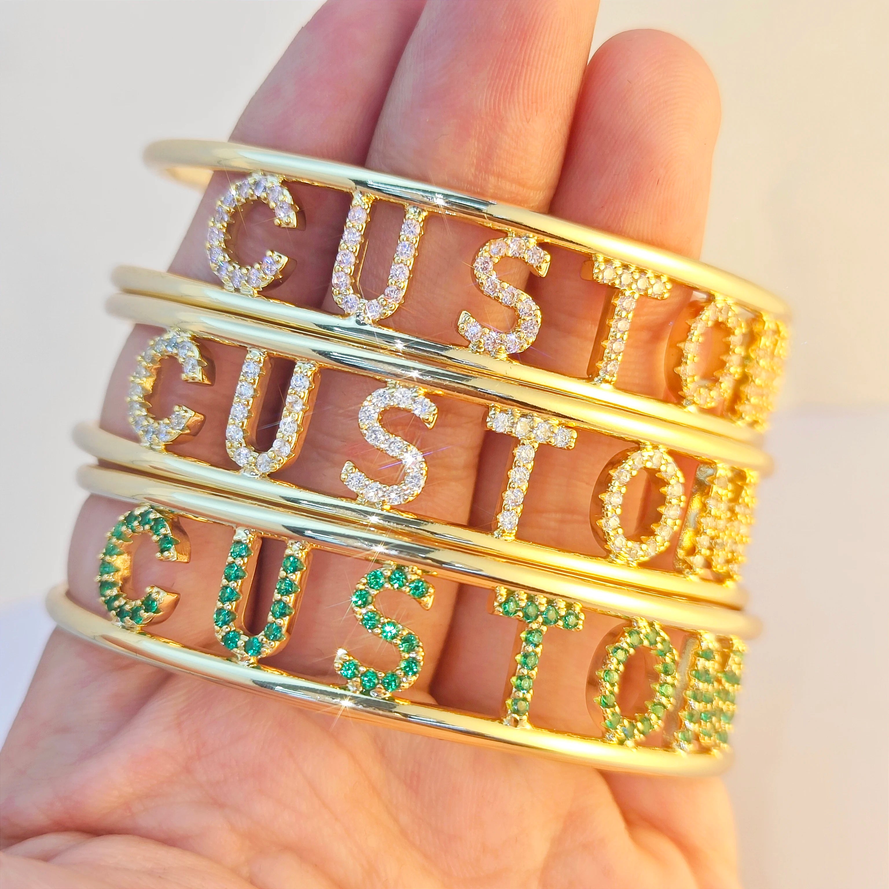 DOREMI Personalized Adjustable Women Gifts Jewelry 9mm Letter Colorful Zircon Cuff Bangle Custom Initial Name Hallow Bangle