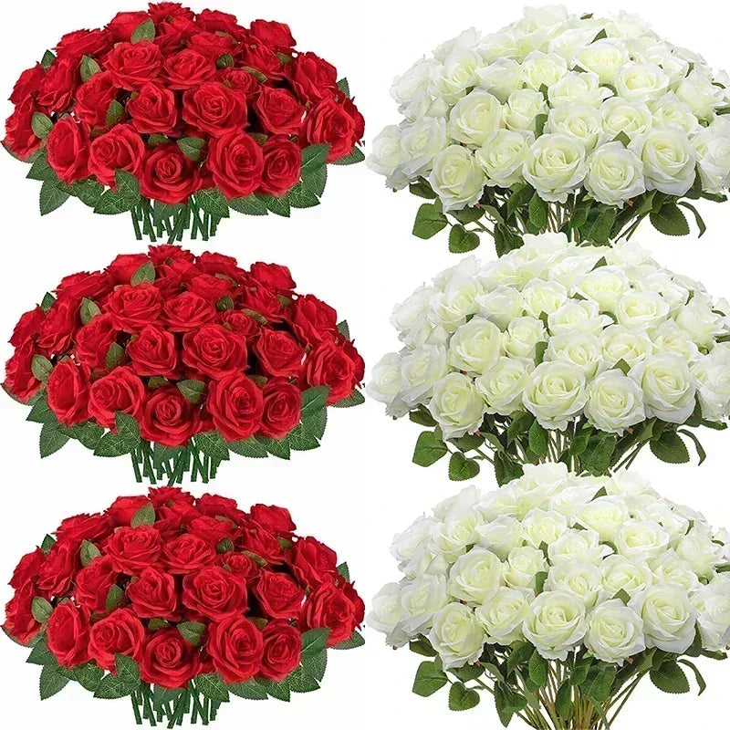 100 Pieces Artificial Roses Flowers Fake Silk Roses Bouquet for Table Centerpiece Vases Wedding Party Decor