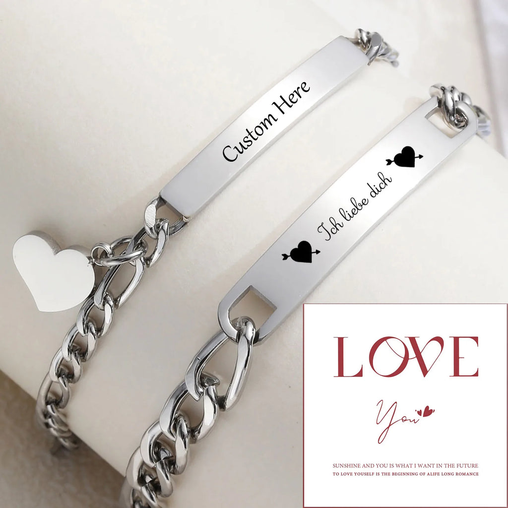 Vnox Custom Valentines Day Gift Jewelry for Couples, Love Promise Bracelets for Women Men, Heart Charm Figaro Chain Bracelets