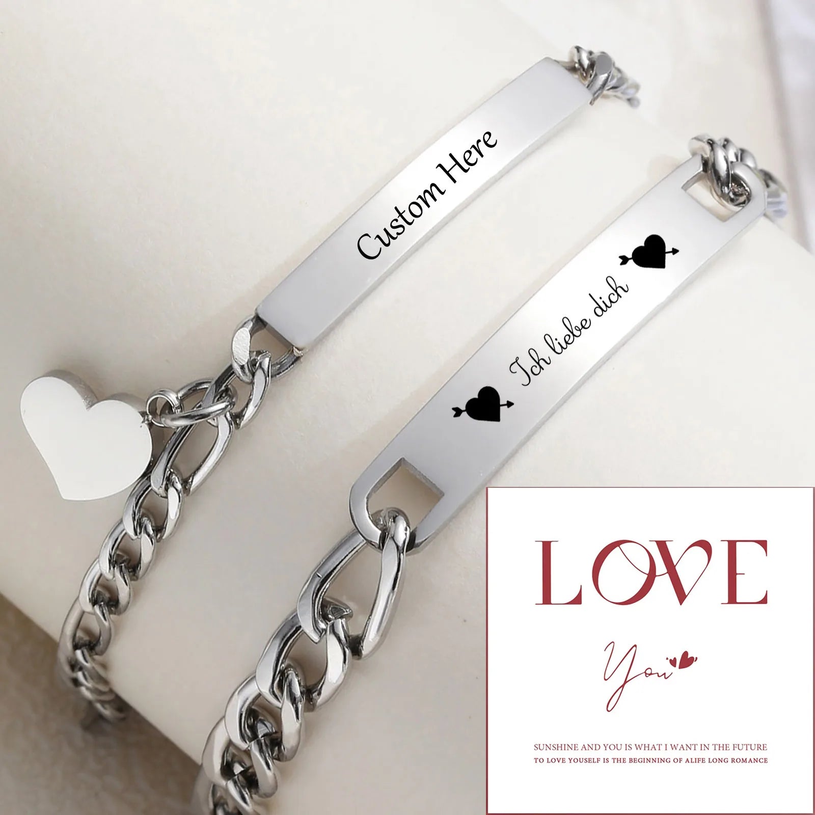 Vnox Custom Valentines Day Gift Jewelry for Couples, Love Promise Bracelets for Women Men, Heart Charm Figaro Chain Bracelets