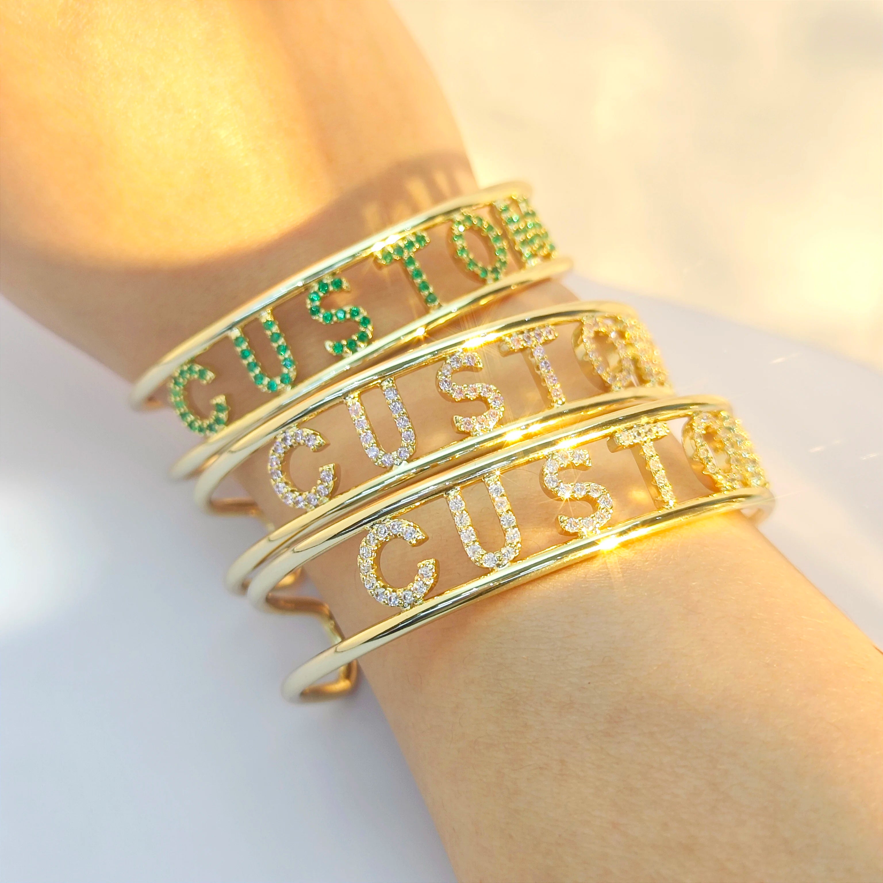 DOREMI Personalized Adjustable Women Gifts Jewelry 9mm Letter Colorful Zircon Cuff Bangle Custom Initial Name Hallow Bangle