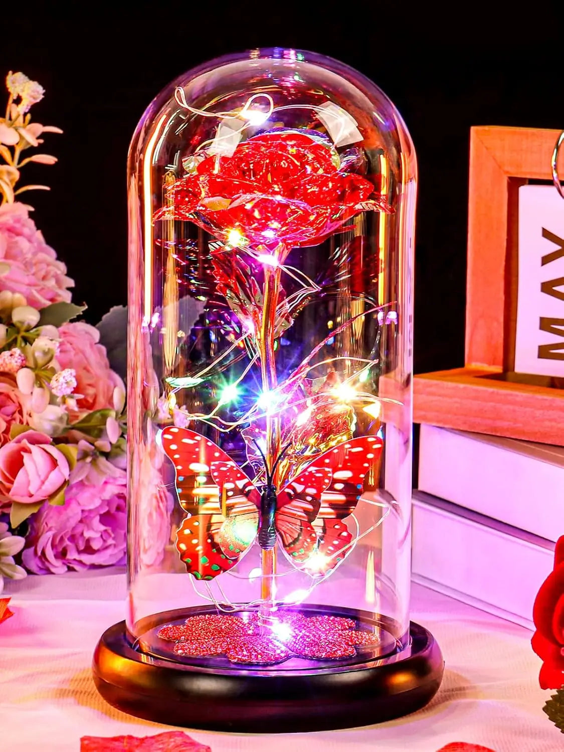 Mothers Day Rose Gifts for Mom, Galaxy Glass Rose Forever Eternal Crystal Flower Light Up Rose in Glass Dome with Butterfly Moth