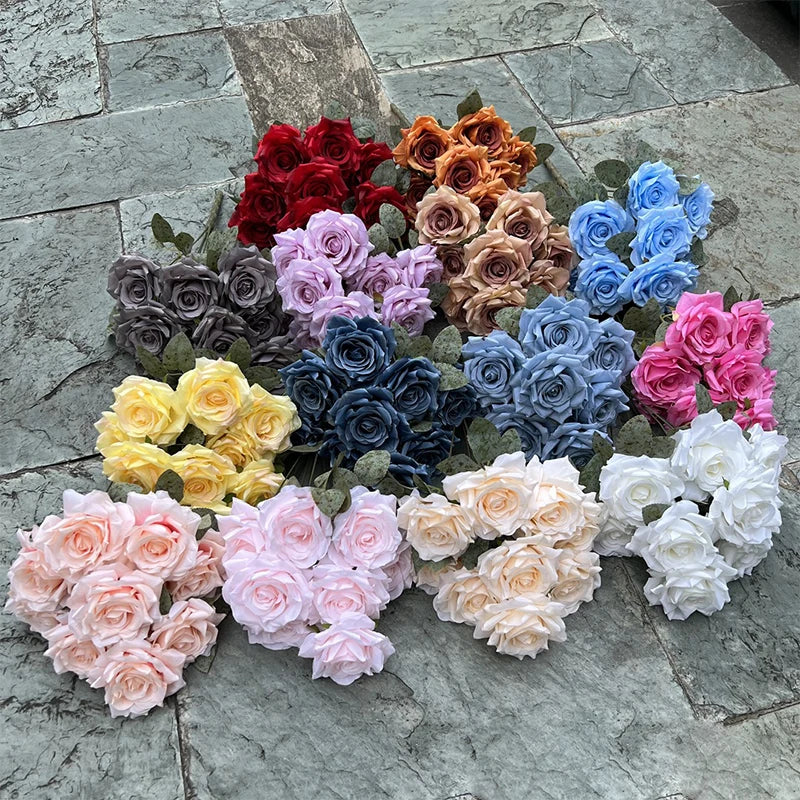 9 Heads/1 Bunch Diamond Rose Artificial Floral Bride Bouquet diy Wedding Flower Wall Accessories Party Gift Home Decor Props