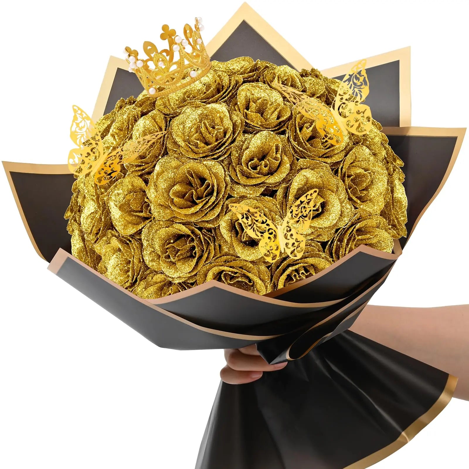 Glitter Shiny Roses Artificial Flowers Bouquet 24Pcs DIY Fake Flower Gifts Idea for Birthday Valentine's Day Anniversary Wedding