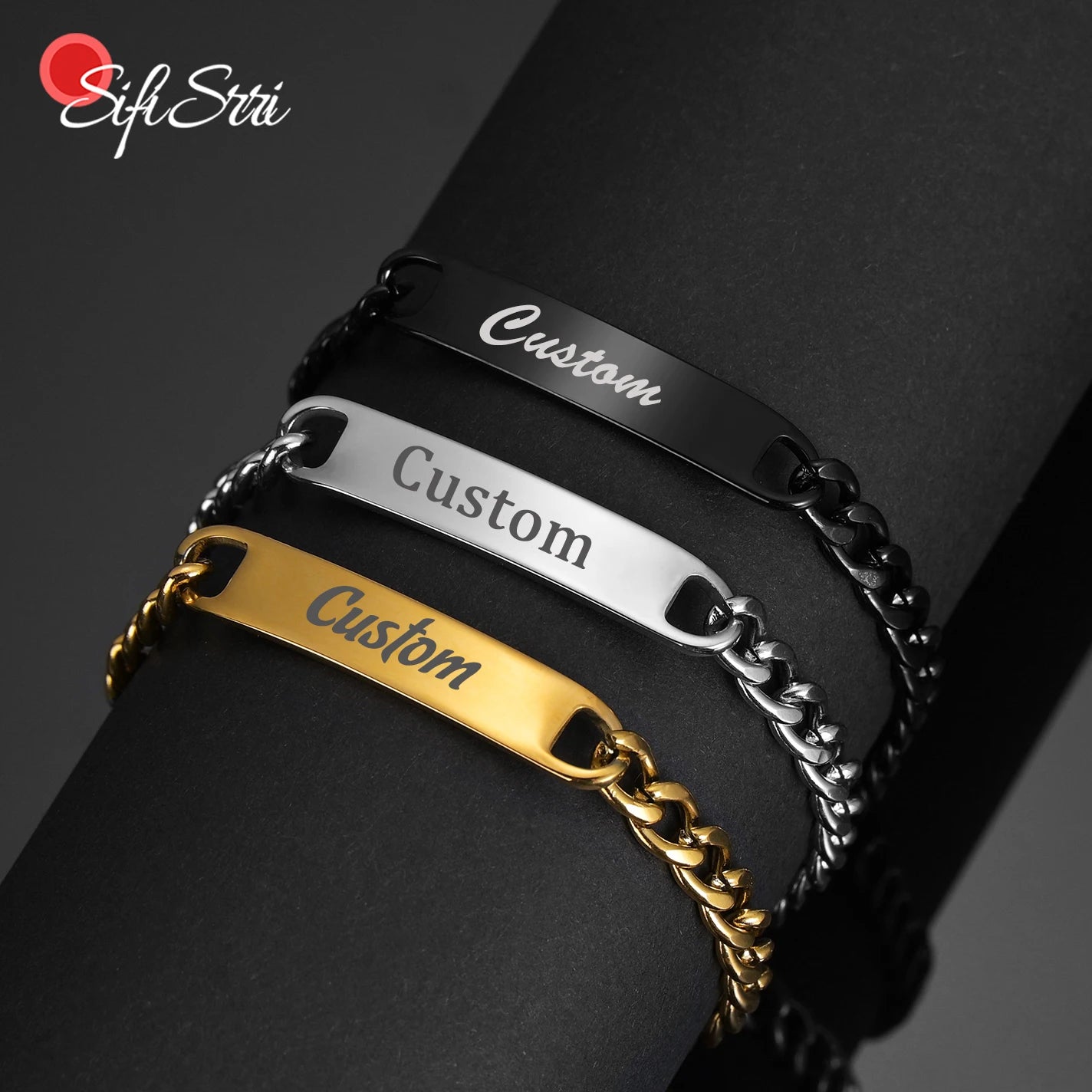 Sifisrri Personalized Engrave Name Bracelet For Women Men Stainless Steel Adjustable Cuban Chain Boys Custom Date Jewelry Gift