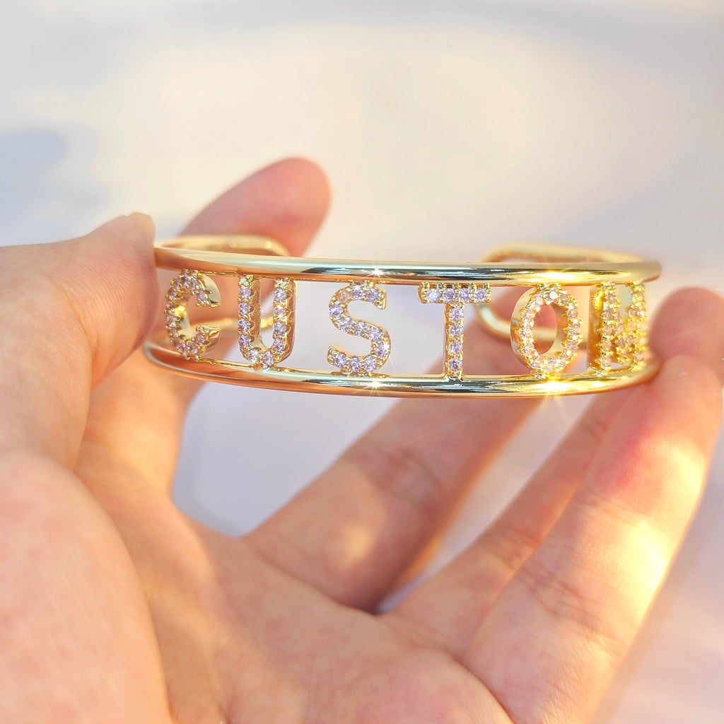 DOREMI Personalized Adjustable Women Gifts Jewelry 9mm Letter Colorful Zircon Cuff Bangle Custom Initial Name Hallow Bangle