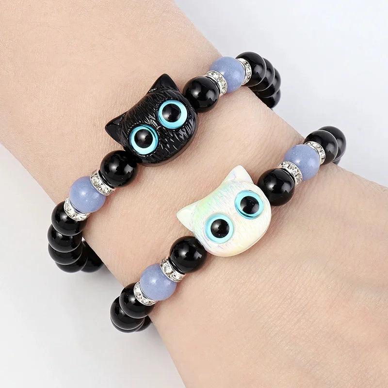 Cute Acrylic Black White Cat Couple Bracelet Necklace Glow In The Dark Bead Bracelets For Women Men Girls Boys