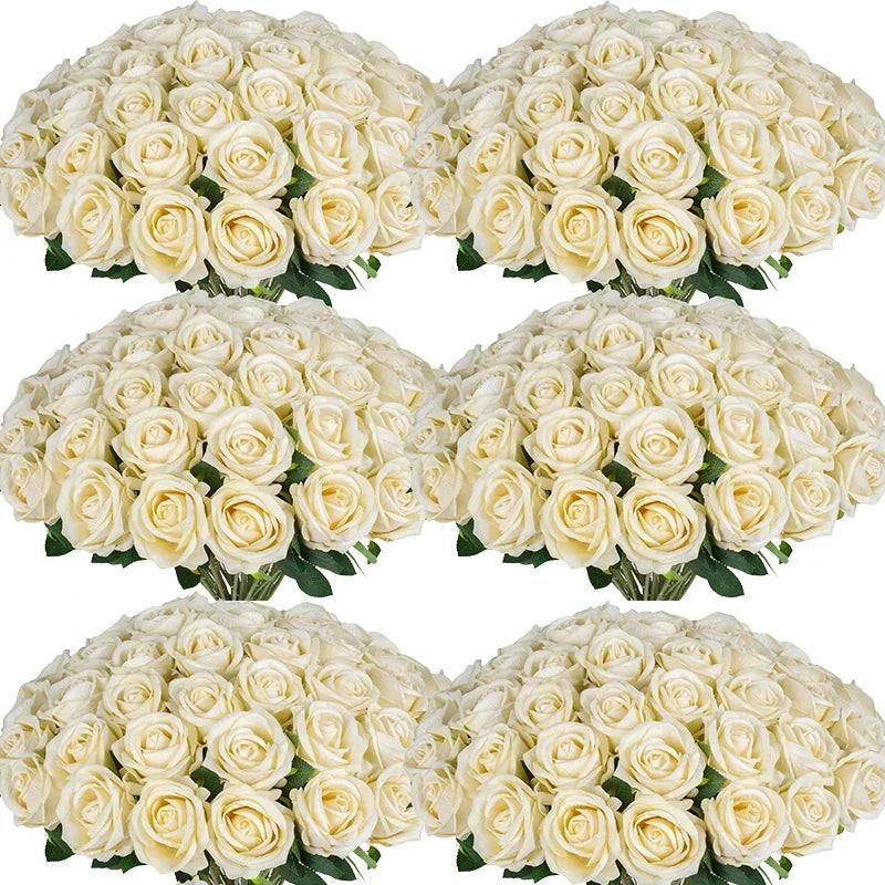 100 Pieces Artificial Roses Flowers Fake Silk Roses Bouquet for Table Centerpiece Vases Wedding Party Decor