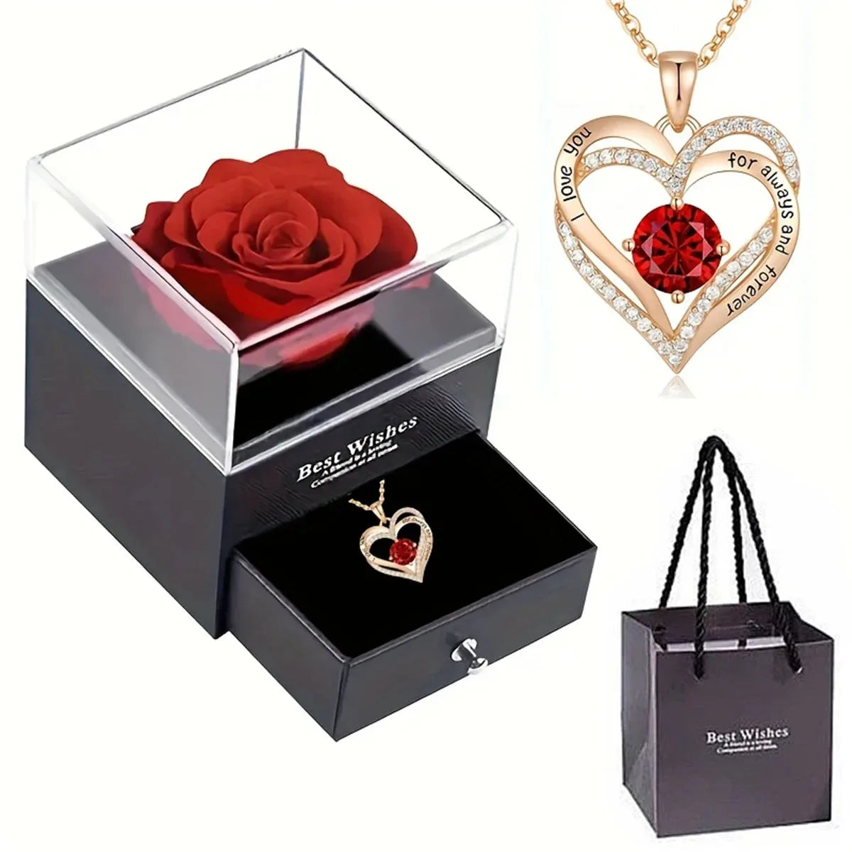 Luxury Red Zircon Pendant Necklaces with Rose Flower Gift Box For Girlfriend Women I Love You Gifts Trendy Wedding Jewelry