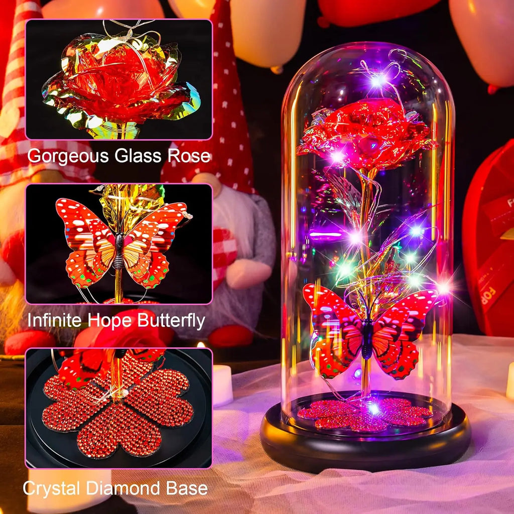 Mothers Day Rose Gifts for Mom, Galaxy Glass Rose Forever Eternal Crystal Flower Light Up Rose in Glass Dome with Butterfly Moth