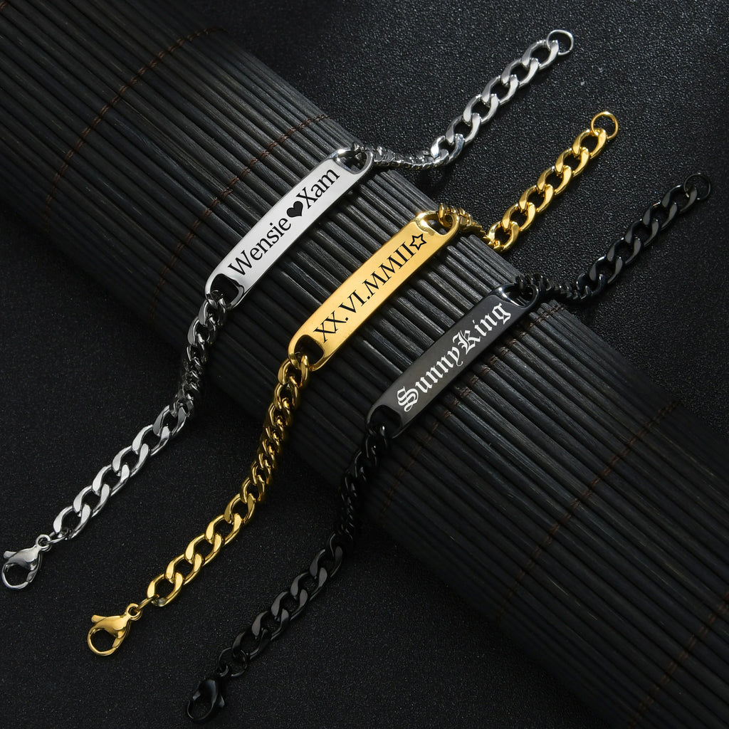 Sifisrri Personalized Engrave Name Bracelet For Women Men Stainless Steel Adjustable Cuban Chain Boys Custom Date Jewelry Gift