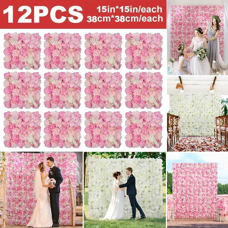 12PCS Artificial Flowers Roses Wall Panel 3D Flower Backdrop Faux Roses for Wall Party Wedding Bridal Shower Outdoor Decoration