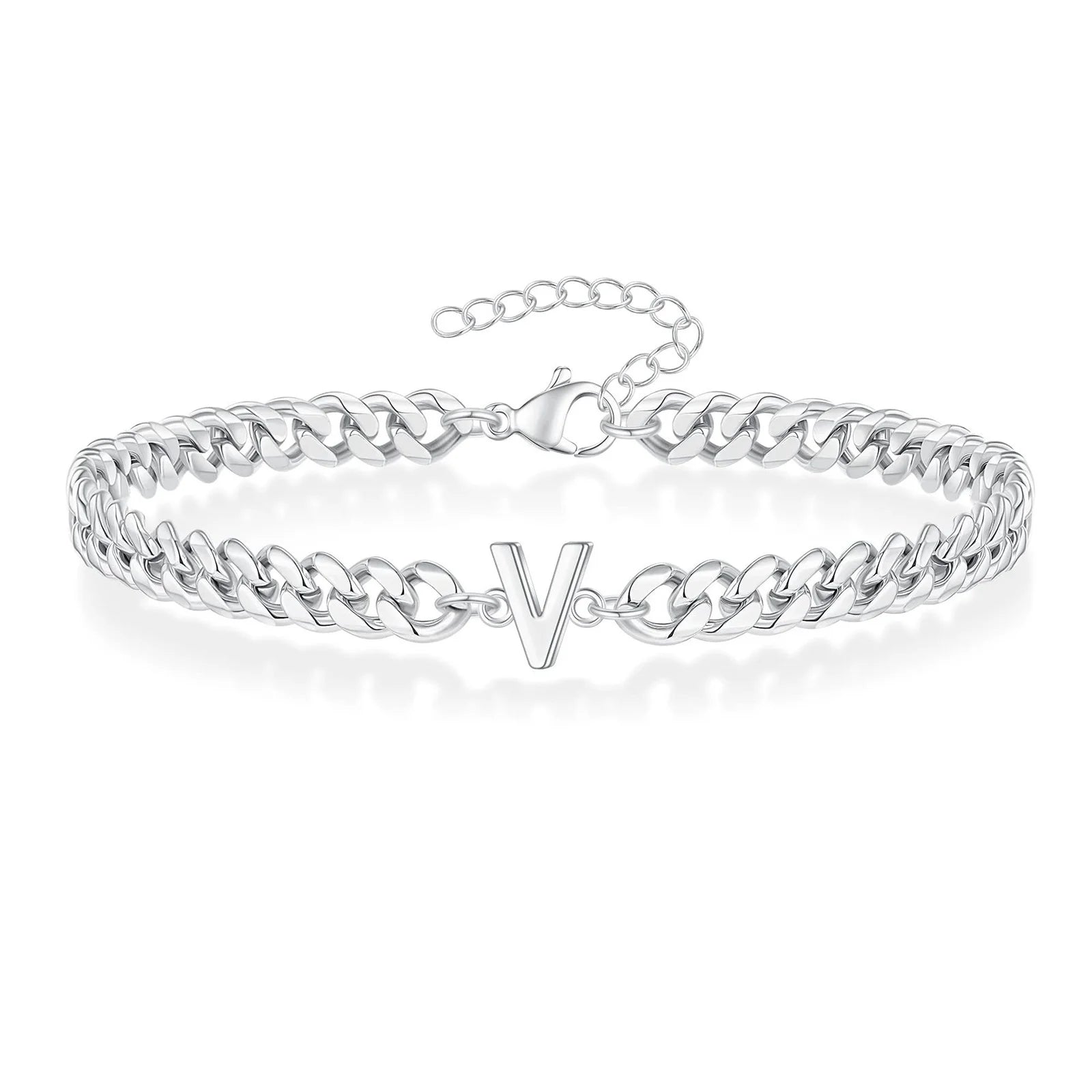 Vnox A-Z Initial Cuban Chain Bracelets for Men Women, Silver Color Stainless Steel Curb Links, Letters Name Charm Bracelet Gift