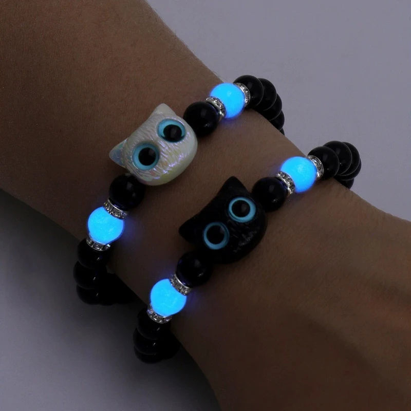 Cute Acrylic Black White Cat Couple Bracelet Necklace Glow In The Dark Bead Bracelets For Women Men Girls Boys