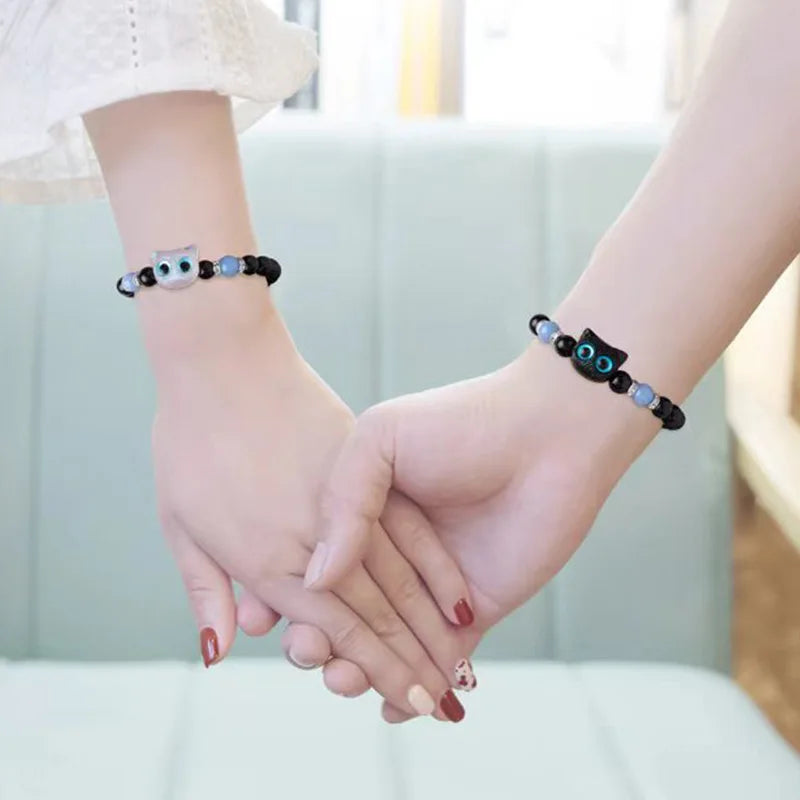 Cute Acrylic Black White Cat Couple Bracelet Necklace Glow In The Dark Bead Bracelets For Women Men Girls Boys