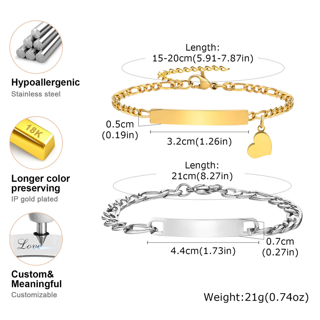 Vnox Custom Valentines Day Gift Jewelry for Couples, Love Promise Bracelets for Women Men, Heart Charm Figaro Chain Bracelets