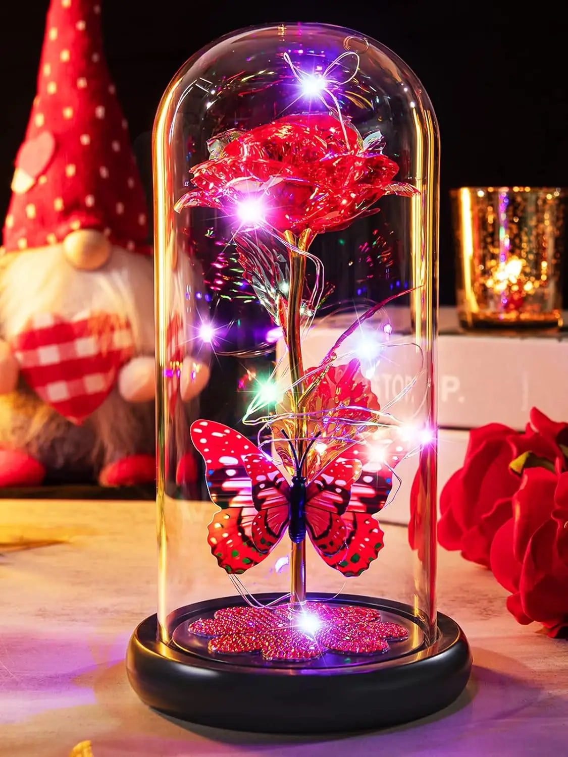 Mothers Day Rose Gifts for Mom, Galaxy Glass Rose Forever Eternal Crystal Flower Light Up Rose in Glass Dome with Butterfly Moth