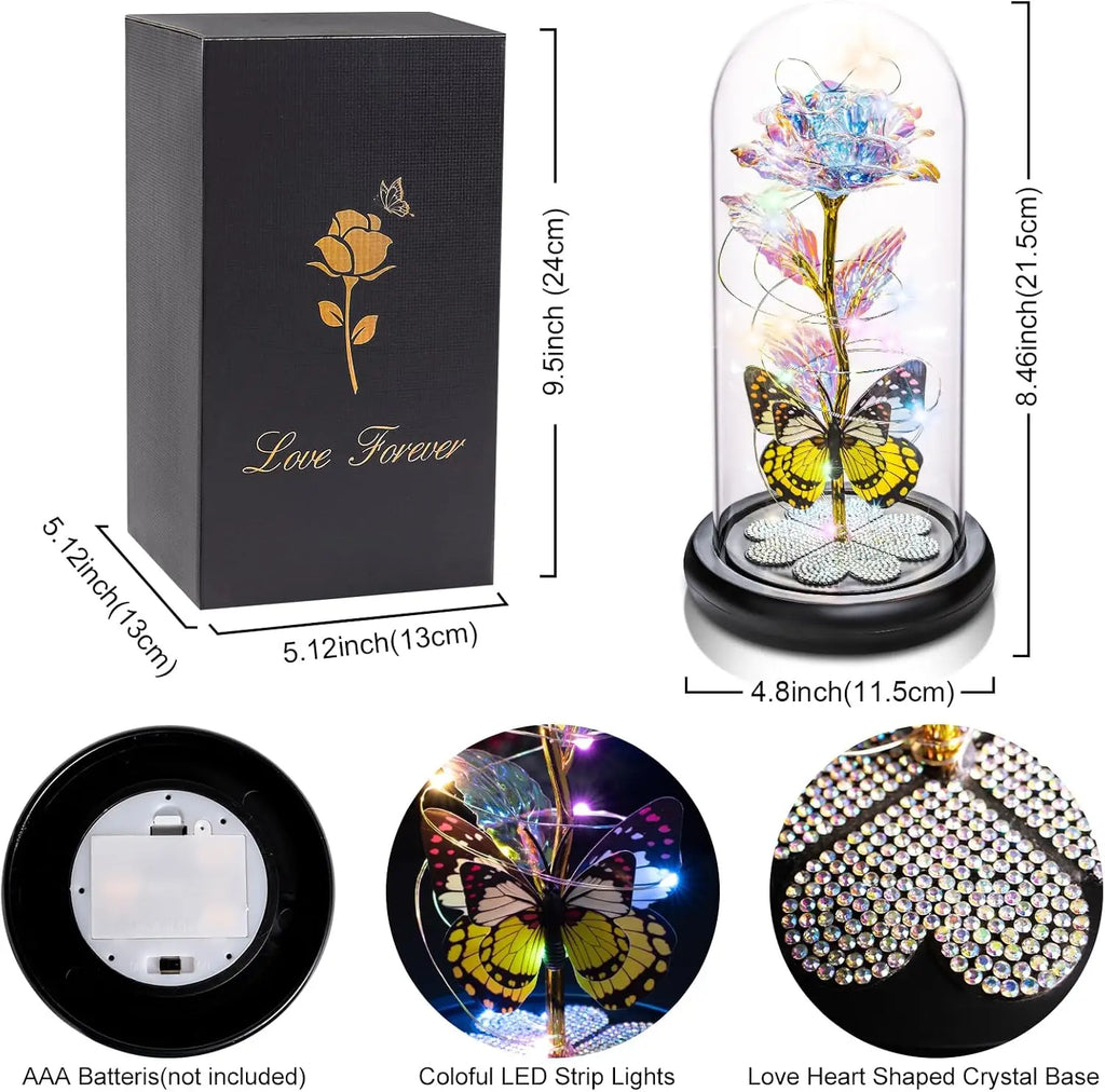 Mothers Day Rose Gifts for Mom, Galaxy Glass Rose Forever Eternal Crystal Flower Light Up Rose in Glass Dome with Butterfly Moth