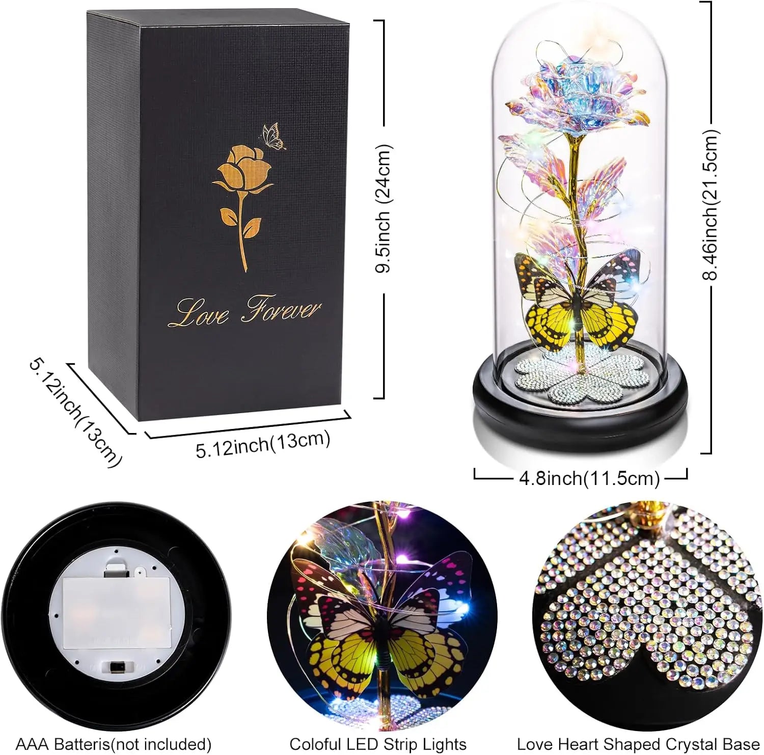 Mothers Day Rose Gifts for Mom, Galaxy Glass Rose Forever Eternal Crystal Flower Light Up Rose in Glass Dome with Butterfly Moth