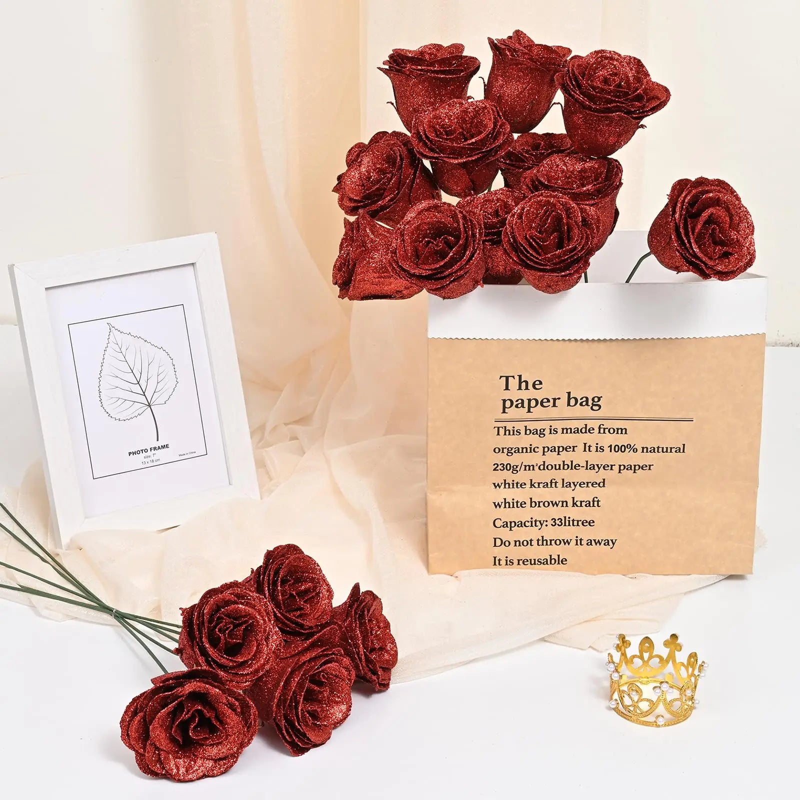 Glitter Shiny Roses Artificial Flowers Bouquet 24Pcs DIY Fake Flower Gifts Idea for Birthday Valentine's Day Anniversary Wedding