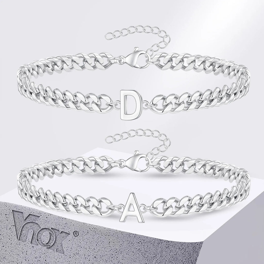 Vnox A-Z Initial Cuban Chain Bracelets for Men Women, Silver Color Stainless Steel Curb Links, Letters Name Charm Bracelet Gift
