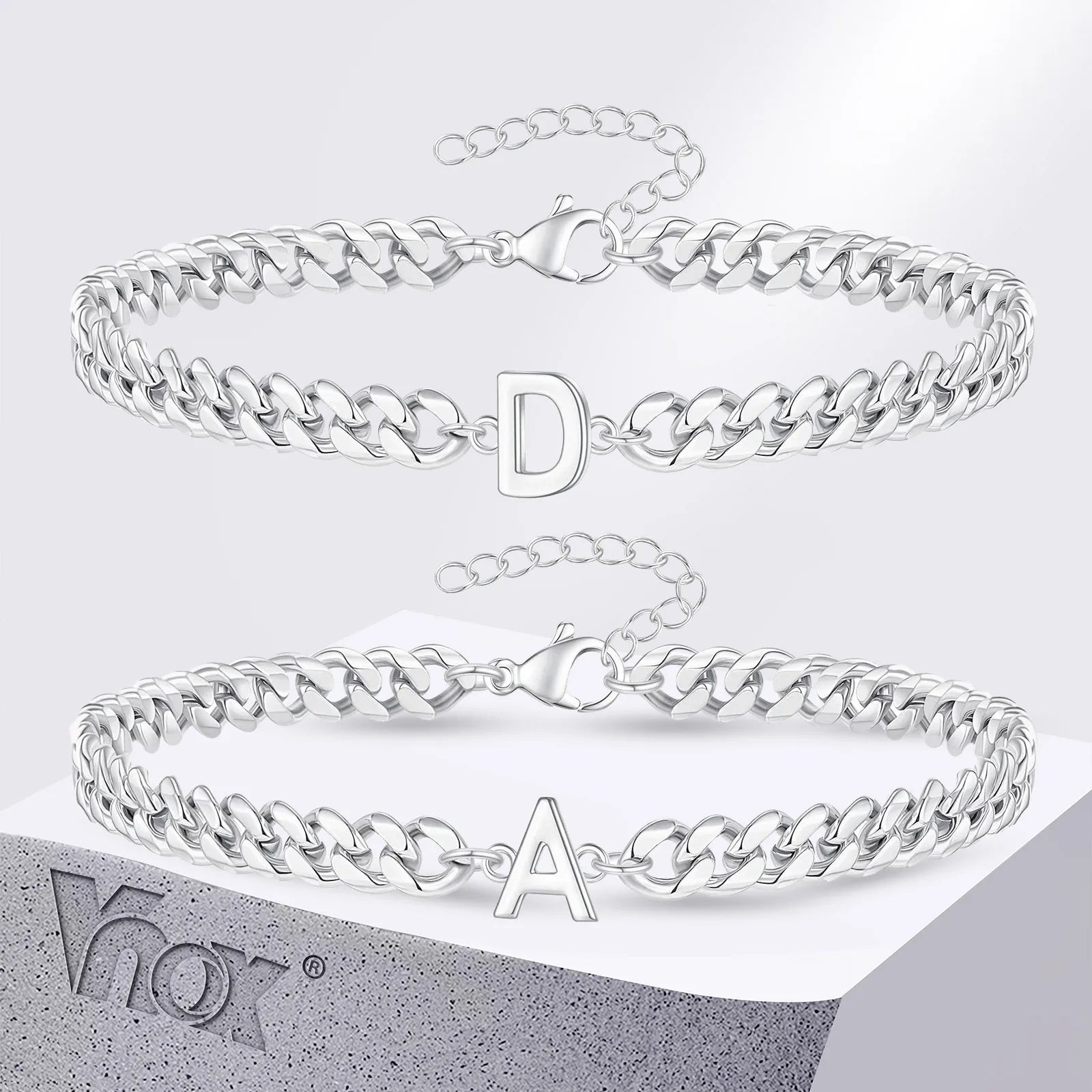 Vnox A-Z Initial Cuban Chain Bracelets for Men Women, Silver Color Stainless Steel Curb Links, Letters Name Charm Bracelet Gift