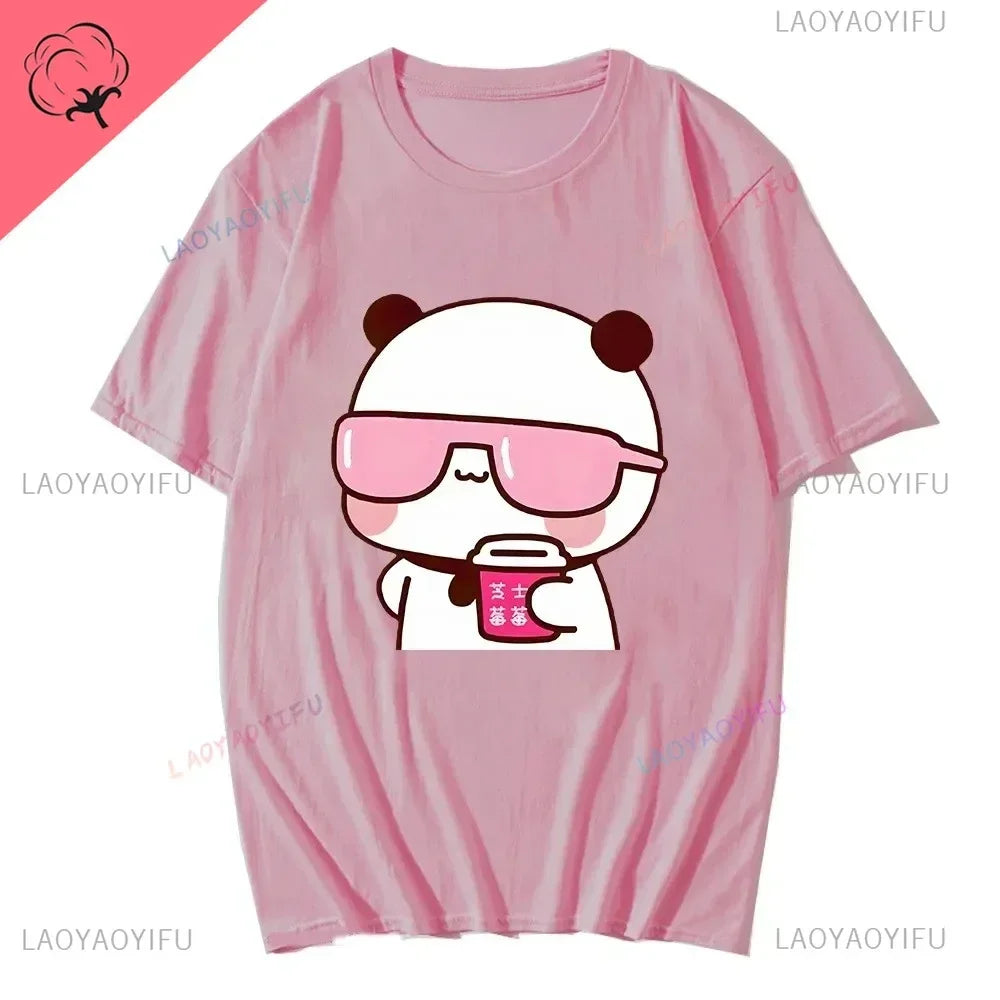 Couple Tee Bubu Is Watching Movies and Milk Tea with Dudu T-shirt Cartoon Cute Graphic Tees for Ladies Kawaii Cotton Unisex Tops