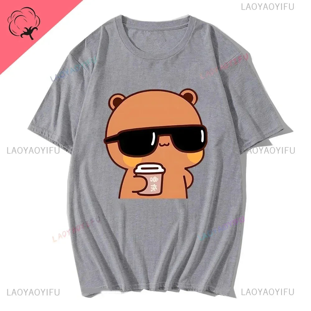 Couple Tee Bubu Is Watching Movies and Milk Tea with Dudu T-shirt Cartoon Cute Graphic Tees for Ladies Kawaii Cotton Unisex Tops