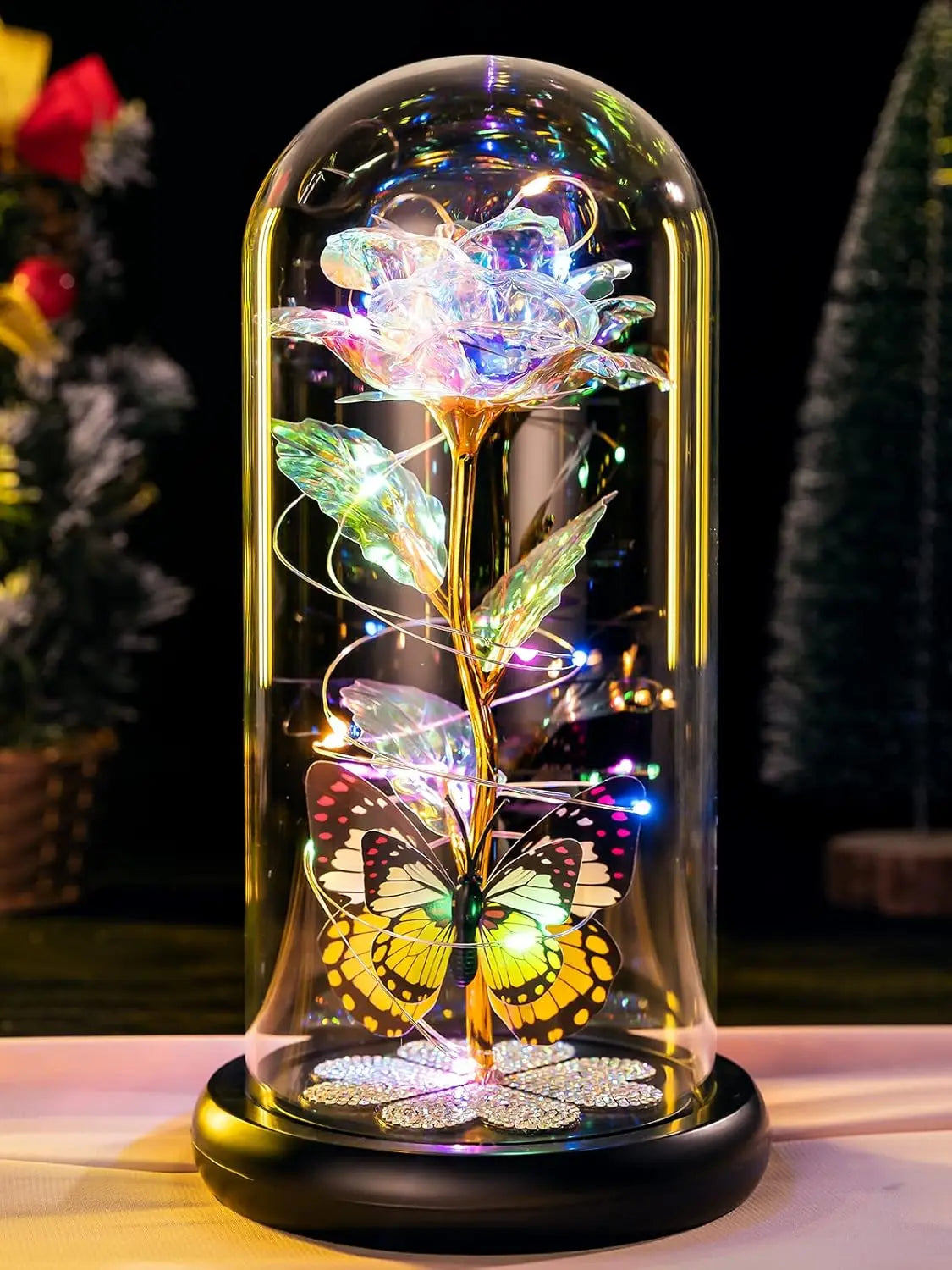 Mothers Day Rose Gifts for Mom, Galaxy Glass Rose Forever Eternal Crystal Flower Light Up Rose in Glass Dome with Butterfly Moth