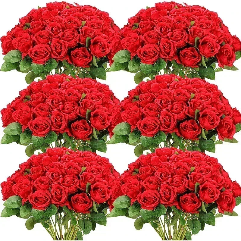 100 Pieces Artificial Roses Flowers Fake Silk Roses Bouquet for Table Centerpiece Vases Wedding Party Decor