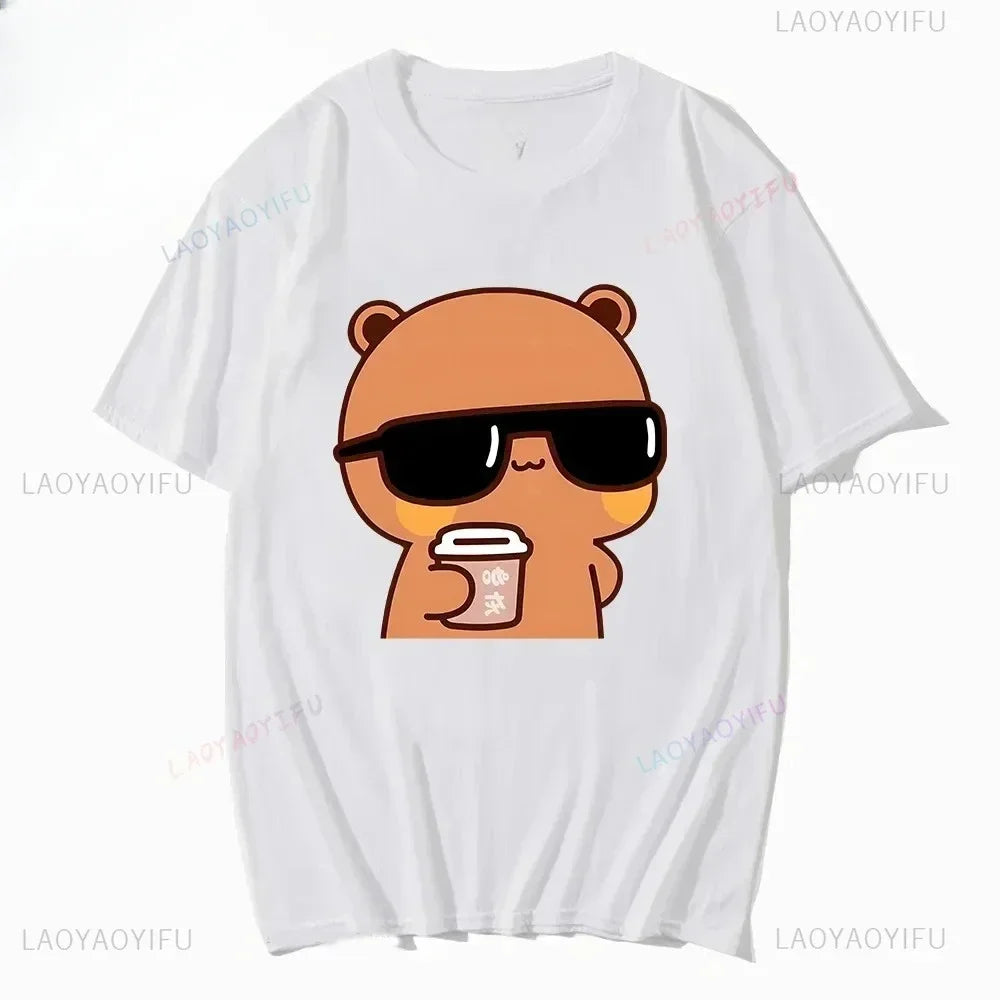 Couple Tee Bubu Is Watching Movies and Milk Tea with Dudu T-shirt Cartoon Cute Graphic Tees for Ladies Kawaii Cotton Unisex Tops