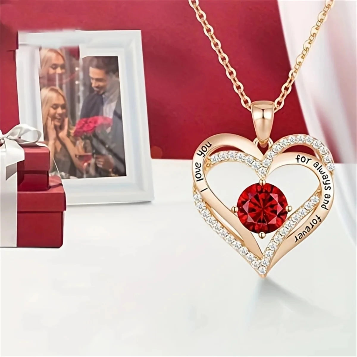 Luxury Red Zircon Pendant Necklaces with Rose Flower Gift Box For Girlfriend Women I Love You Gifts Trendy Wedding Jewelry