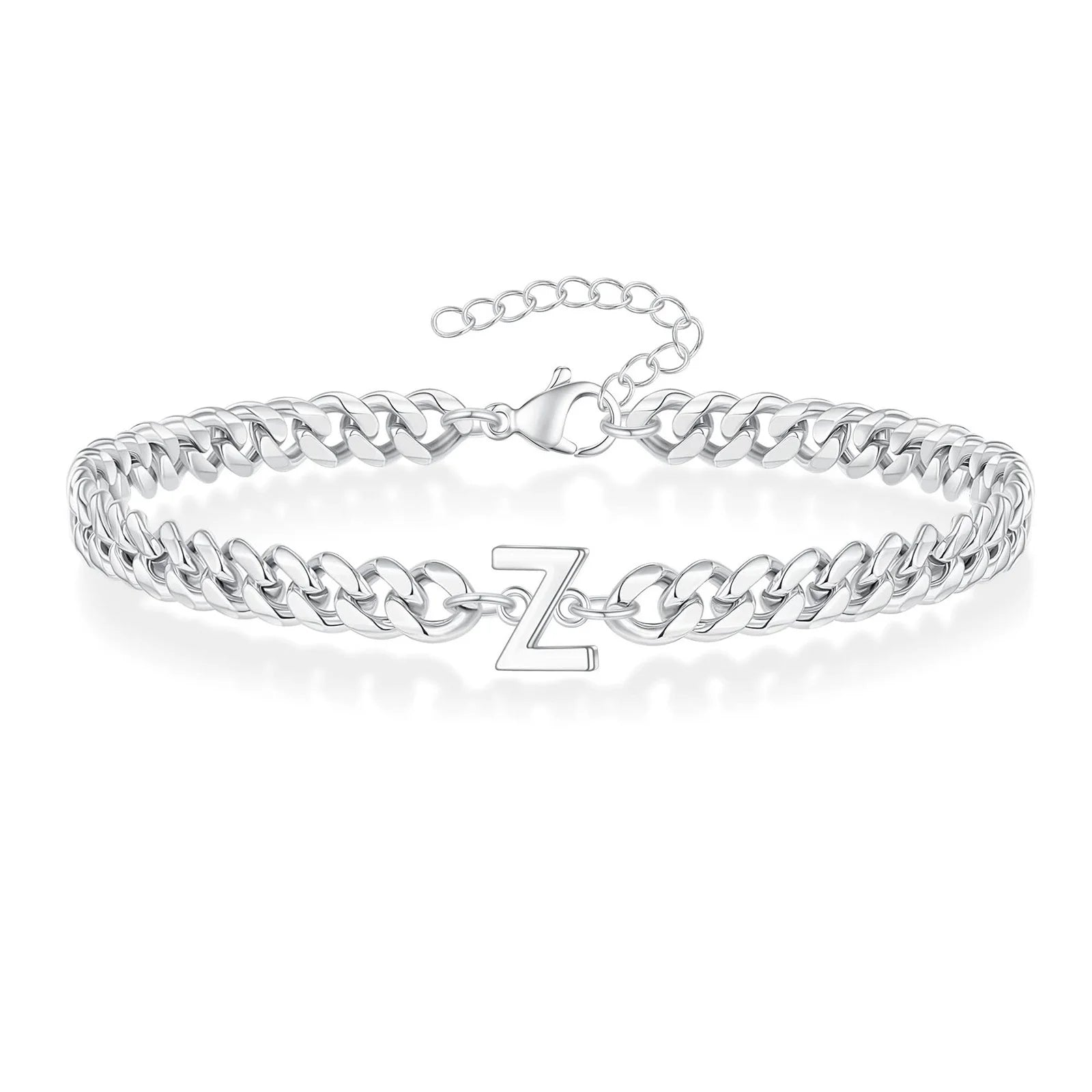 Vnox A-Z Initial Cuban Chain Bracelets for Men Women, Silver Color Stainless Steel Curb Links, Letters Name Charm Bracelet Gift