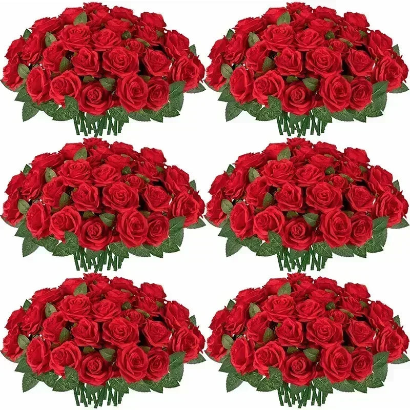 100 Pieces Artificial Roses Flowers Fake Silk Roses Bouquet for Table Centerpiece Vases Wedding Party Decor