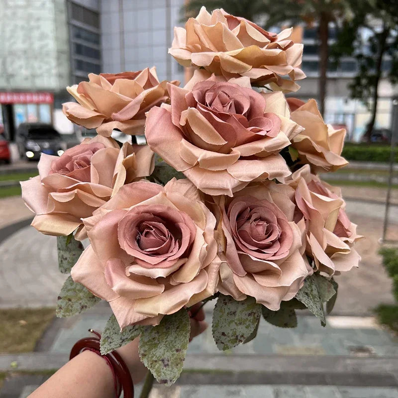 9 Heads/1 Bunch Diamond Rose Artificial Floral Bride Bouquet diy Wedding Flower Wall Accessories Party Gift Home Decor Props