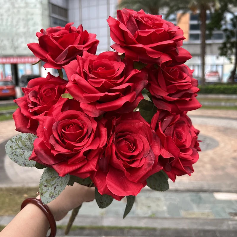 9 Heads/1 Bunch Diamond Rose Artificial Floral Bride Bouquet diy Wedding Flower Wall Accessories Party Gift Home Decor Props